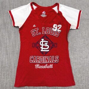 Majestic St. Louis Cardinals Red White V-Neck Raglan Sequin T-Shirt Womens L